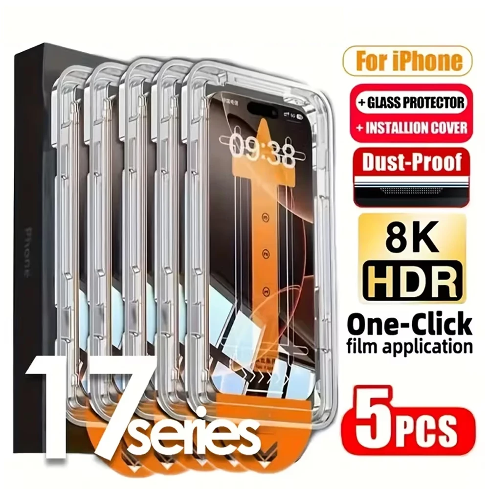 

1-5Pcs HD Tempered Glass For iPhone 17 Pro Max 16 15 14 13 11 12 Pro 16e Mini 6 7 8 Plus SE XR XS Easy Install Screen Protectors