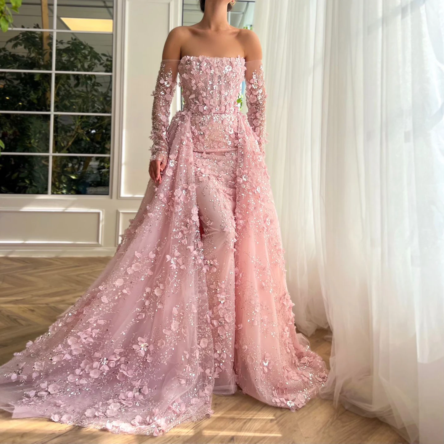 Sharon Said 3D Flowers Pink Luxury Dubai Evening Dress with Overskirt Lilac for Arabic Women Wedding Party Gown SS352 Customized