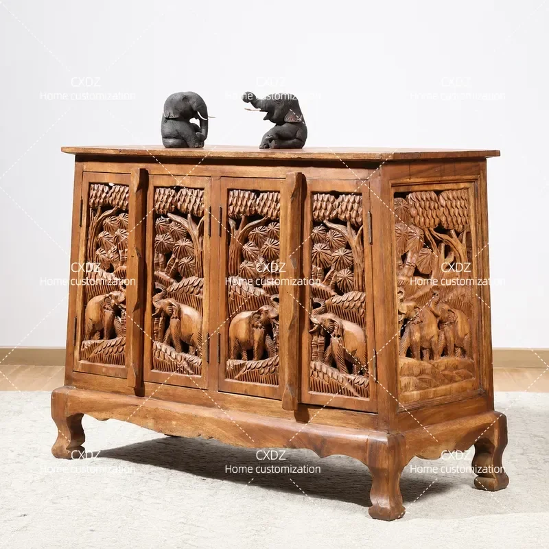 Thai Solid Wood Elephant Entrance Cabinet Retro Chinese Zen Style Living Room Decorative Furniture Storage Console Table