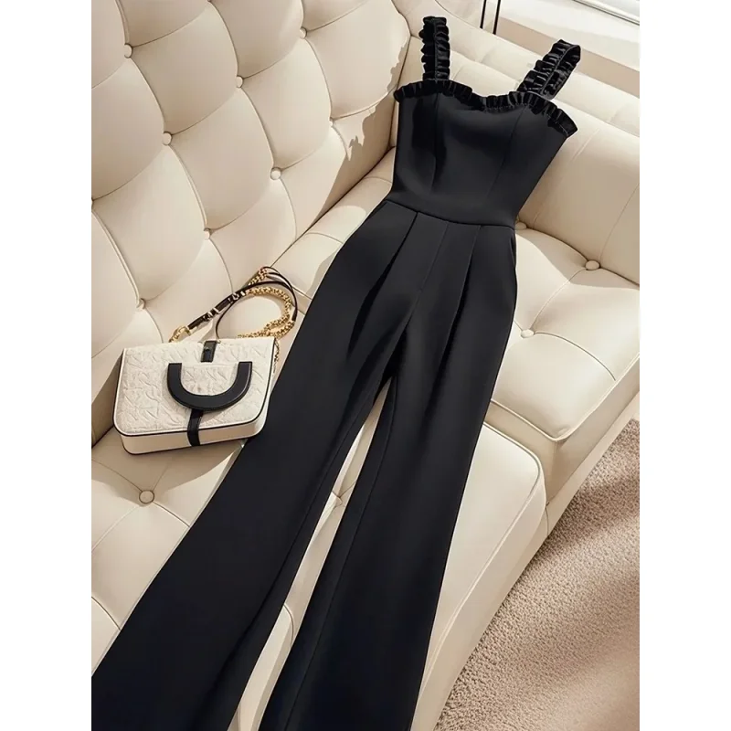 

New High End Summmer Fashion Jumpsuit Women Temperament High Waist Elegant Camisole Pants Casual Slim Rompers Solid Color