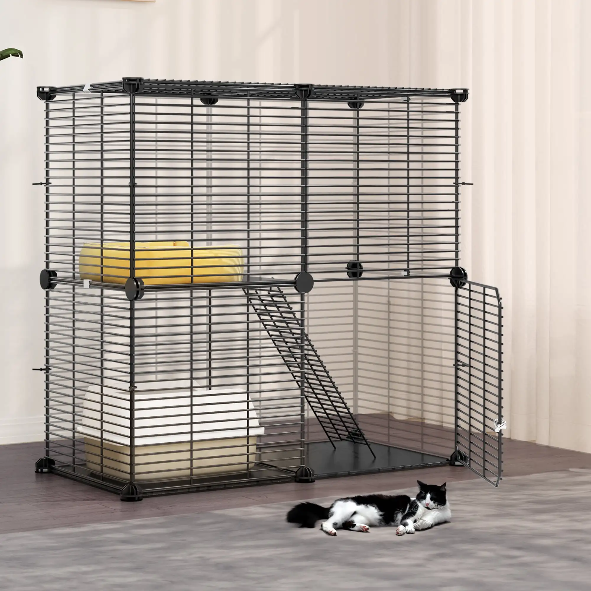 

Indoor Cat Cage 2 Tier Kitten Cage House Cat Enclosure Outdoor Small Animal DIY Pet Playpen Detachable Metal Kennel