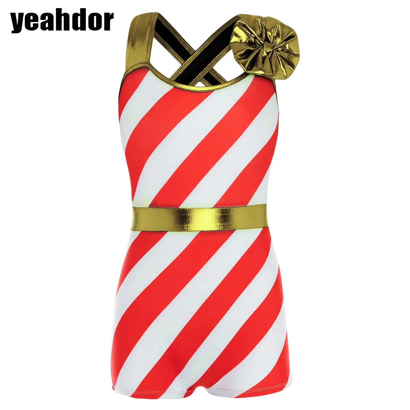 

Girls Christmas Dance Costumes Candy Cane Striped Bodysuit Cross Shoulder Straps Xmas Santa Elf Unitard Ballet Leotard Jumpsuit