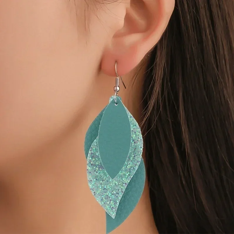 Delysia King Women Trendy Versatile Leather Earrings Three Layers Litchi Pattern Sequin Earring