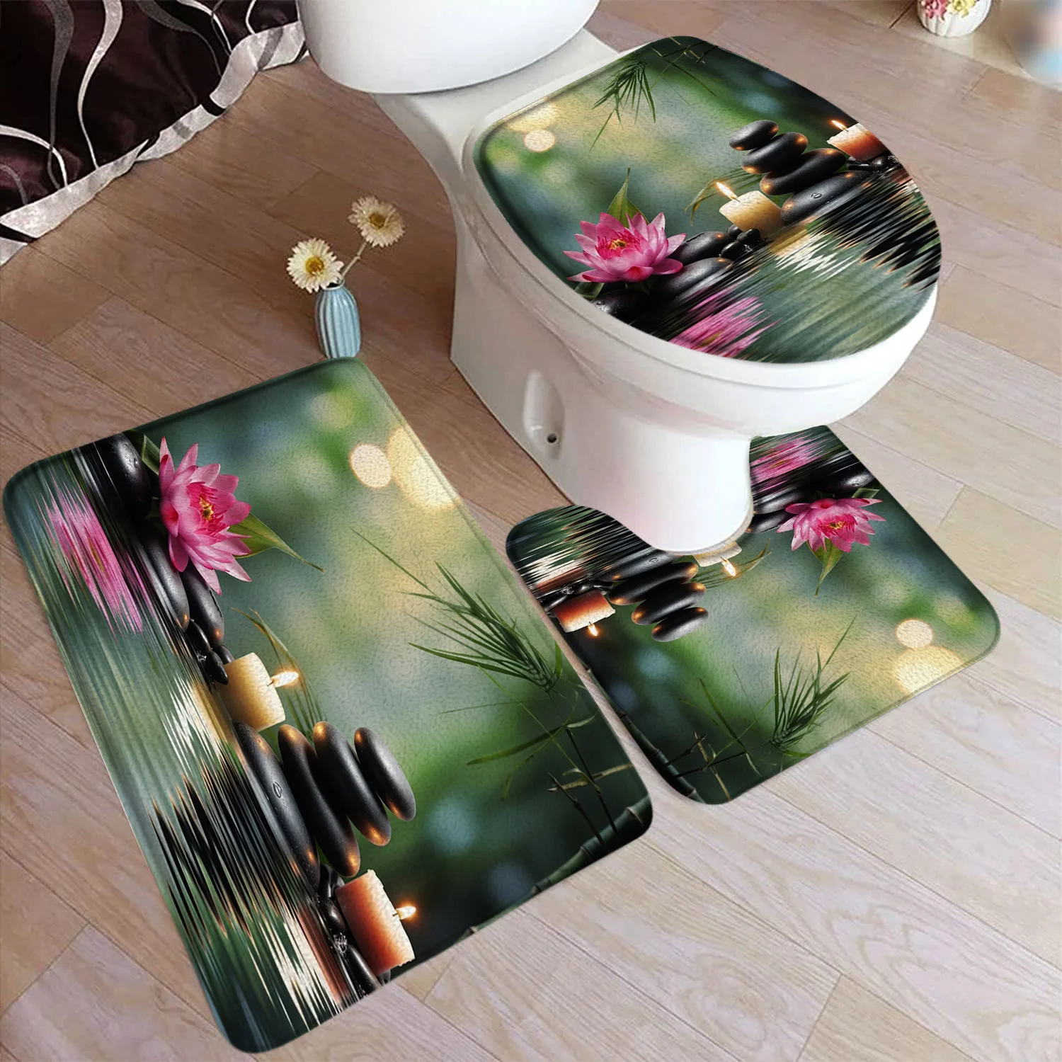 Zen Green Bamboo Bath Mat Set Pink Lotus Leaves Plant Spa Landscape Home Carpet Bathroom Decorative Floor Rugs Toilet Lid Cover