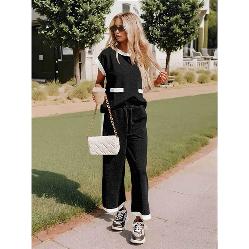 

ASDS-Women's 2 Piece Summer Lounge Set Outfit Short Sleeve Pullover Tops Wide Leg Long Pants Tracksuit