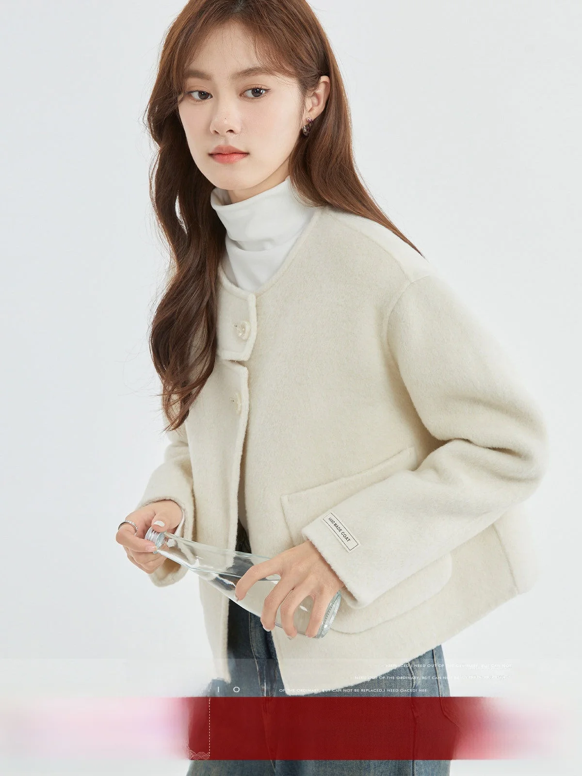 

MoZao Double-Faced Camere ort Coat round Ne Loose Fit Autumn Winter Women's Faion Outerwear Cr Color Knitwear