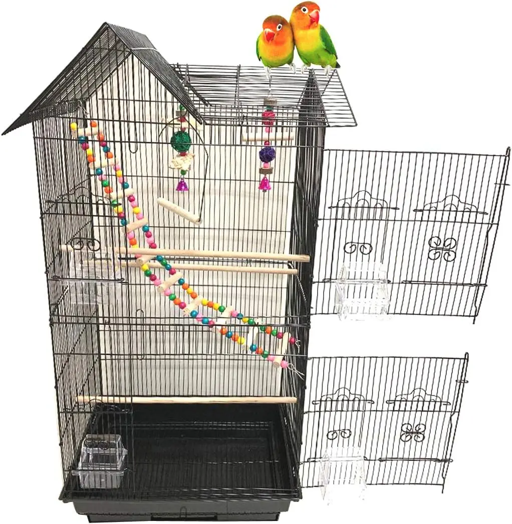 

38-Inch Double Roof Top Large Flight Bird Cage with Toys Climbing Ladder Side Nesting Box Doors for Cockatiels Sun Parakeets Con