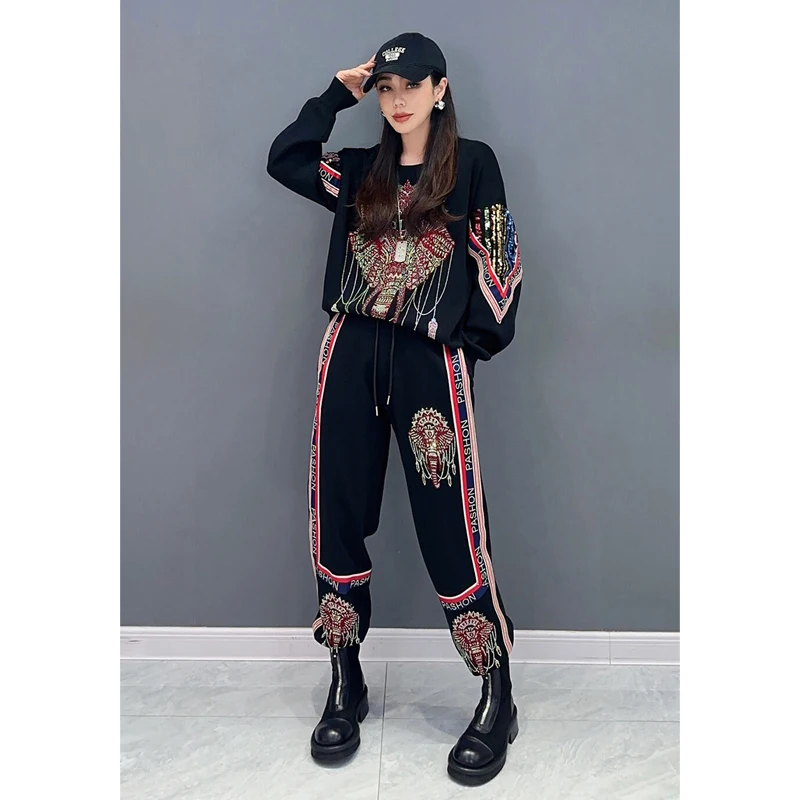 Vefadisa 2024 Autumn New Black Hot Diamond Cartoon Elephant Women O-neck Long Sleeved Top Casual Pants Two-piece Set ZXY633A