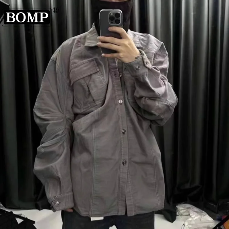 

[BOMP] OT Show Style Grey Pleated Shirts Button Pocket Silhouette Wash Workwear Lapel Simple Jacket Coat