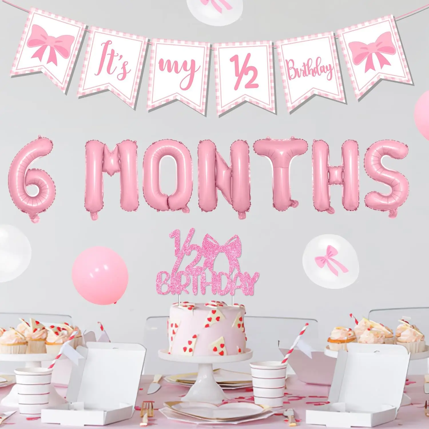 Bow Half Birthday Decorations Pink Gingham Banner Bow 6 Months Balloons 1/2 Birthday Cake Topper for Girls Birthday Party