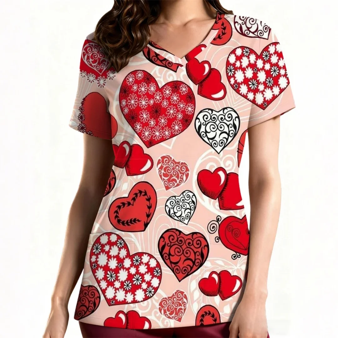 Uniforme da infermiera da donna con scollo a V stampata in 3D a tema San Valentino Simple Love, top da donna comodo e casual alla moda per tutti i giorni