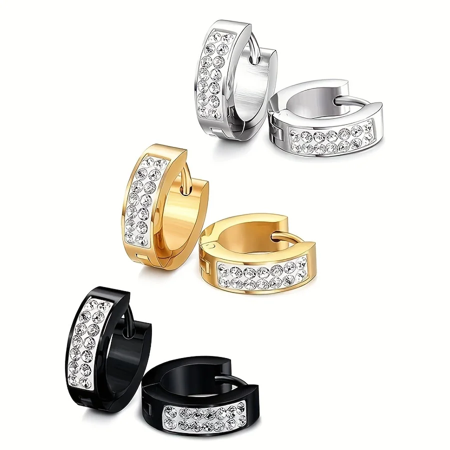 1pair Hip Hop Punk Fashion Stainless Steel 2 Row Cubic Zirconia Crystal Hoop Earrings for Men Women Daily Party Wear Jewelry
