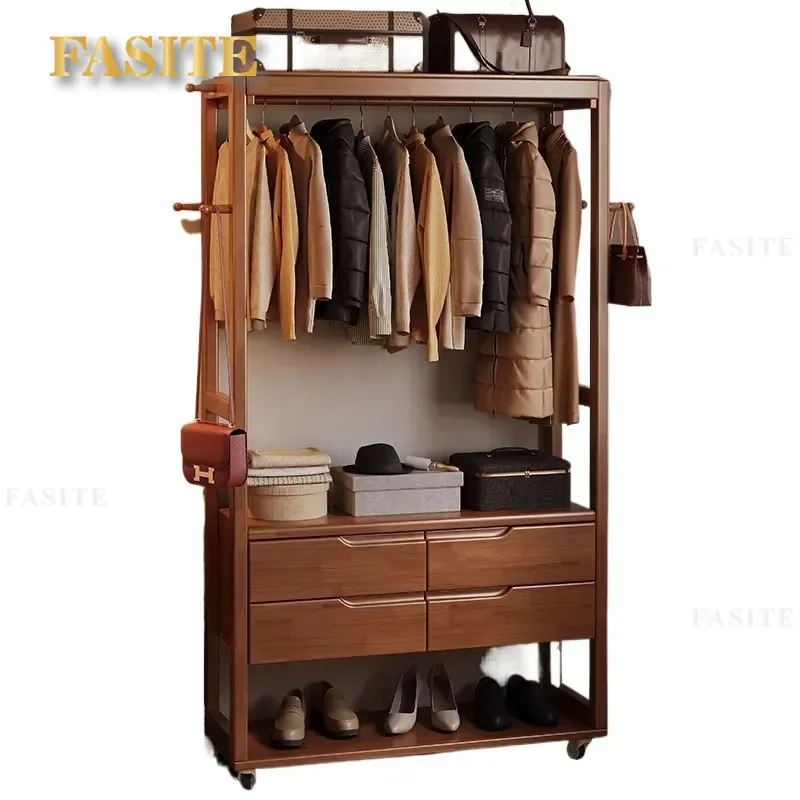 For Solid Wood Floor to Ceiling Coat Rack Multi Functional Bedroom Clothes Hanger Household Storage Stand Bedside Garment