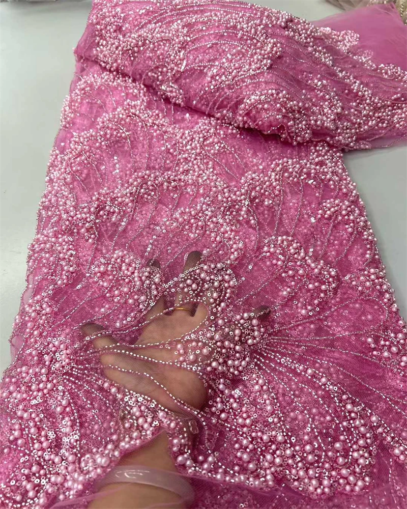 African Sequins Pearls High-Quality French Heavy Beaded Tulle Lace Fabric for Bridal Party Dresses Nigeria Style 2025