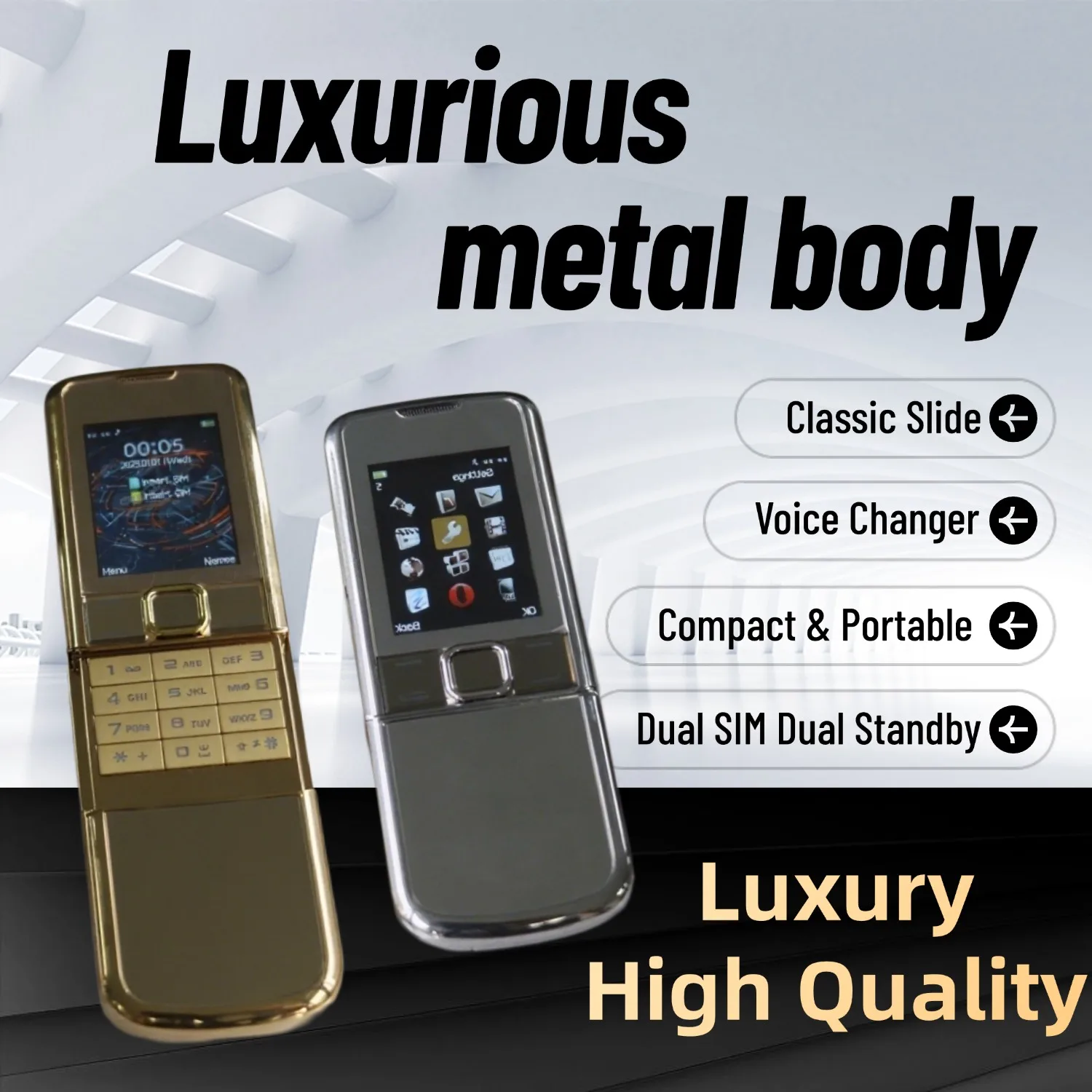 8800 Premium Vintage Classic Slider Senior Mobile Metal Body Magic Voice Dual SIM Blacklist Sturdy Large Button Feature Phone