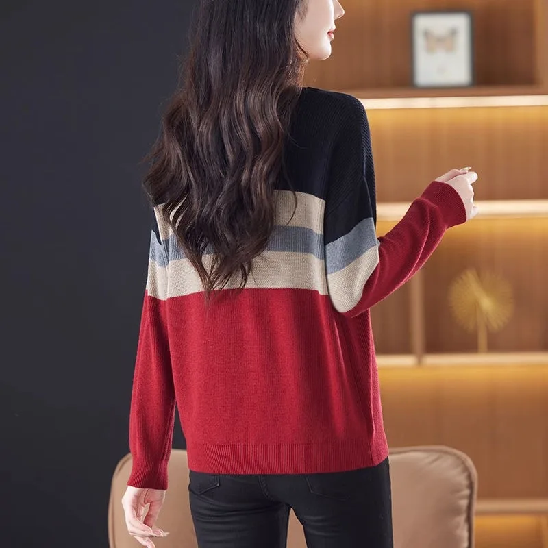 Women Clothes Spring Autumn Fashion Korean Striped Color Blocking Knitting Female All-match Appear Thin Sweater Pullovers Top Te