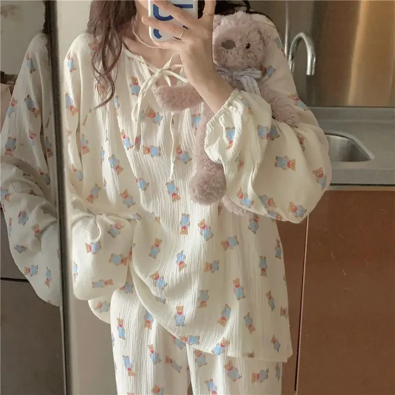 Women's Suit Sleepwear Lingerie Fashion Pajamas New Cartoon Bear Cute Loose Student Long-sleeved Loungewear Pajamas