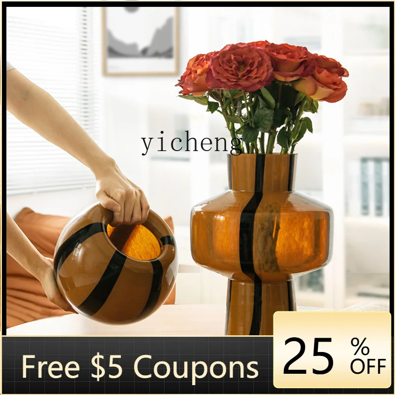 

YFY European high-end atmosphere black brown striped glass living room dining table ornament hydroponic high-end decoration