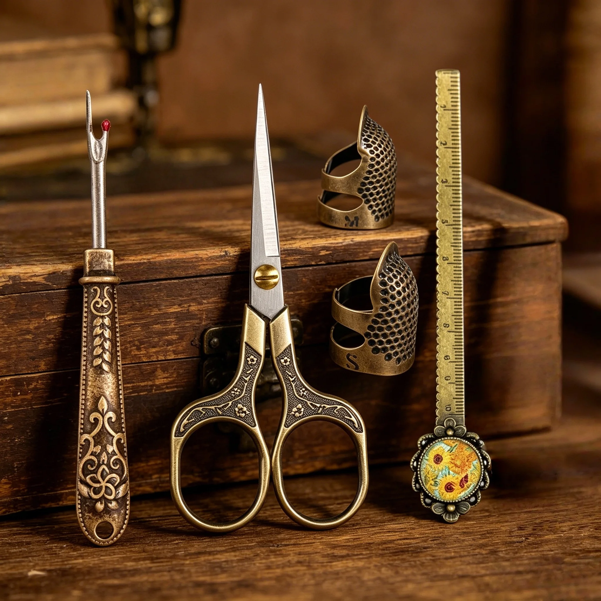 5pcs Vintage Sewing Tool , Embossed Scissors Thimble Seam Ripper Ruler Set For Hand Stitching Craft DIY Sewing Work