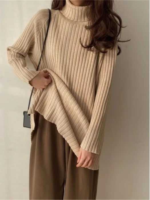 Senhoras alta ne camisola de malha macio aconchegante listrado solto ajuste meados de comprimento interior irt para outono inverno nova chegada commute sle