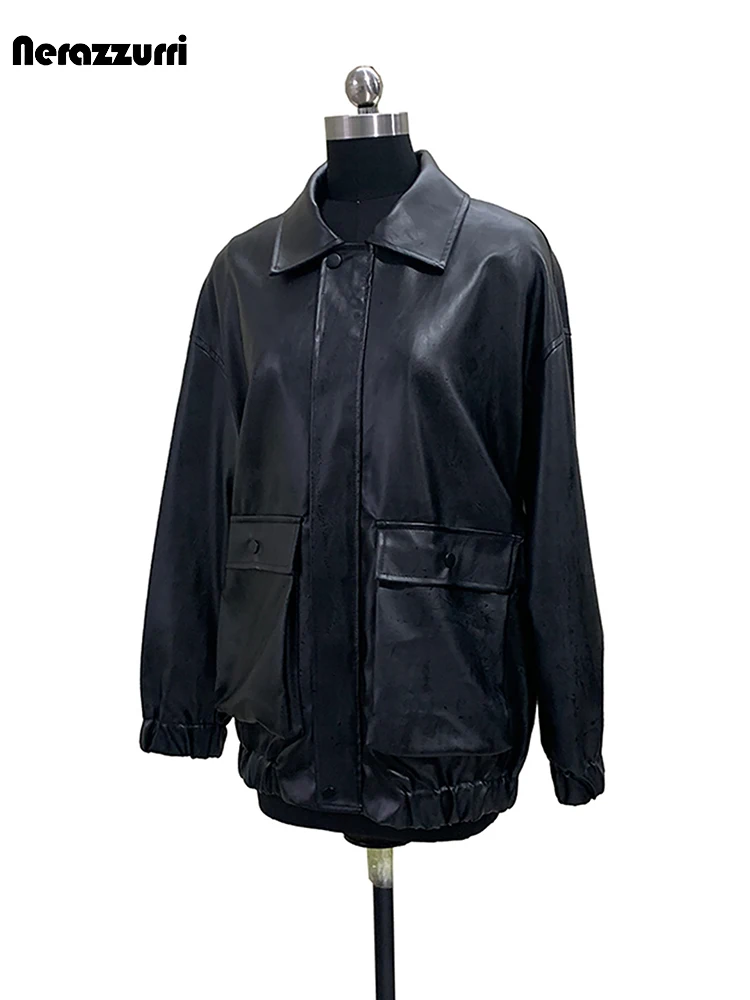 Nerazzurri Spring Autumn Soft Black Pu Leather Jacket for Women with 3D Pockets Zipper Cool Luxury Designer Cargo Clothes 2026