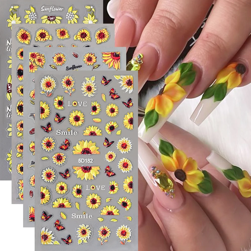 1/4pcs 5D Embossed Summer Sunflower Nail Stickers Yellow Floral Bee & Butterfly Nail Decals Fresh Sunflower Nail Art Decorations view 6