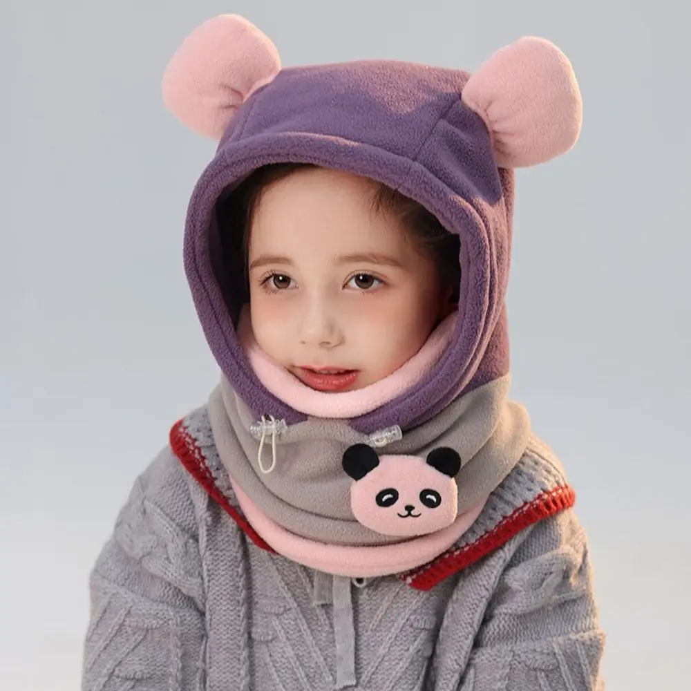 

Cartoon Warm Panda Scarf with Face Mask Soft Cute Drawstring Bear Ear Hat Windproof Thickened Panda Neckerchief Ski