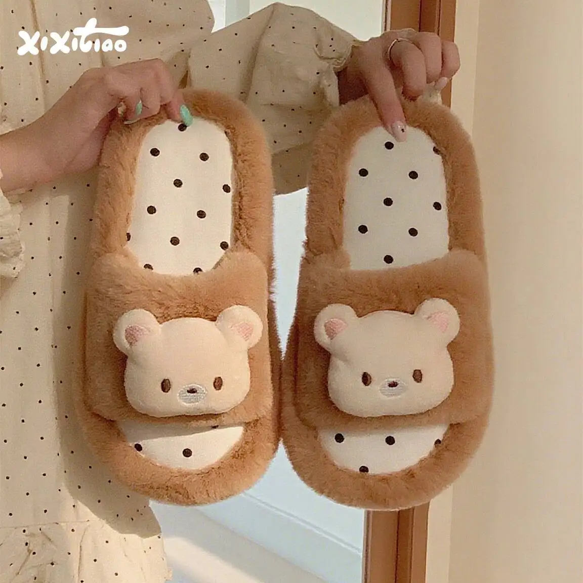 

Cute Bear Design Cotton Home Slippers Women Polka Dot Sweet Style Indoor Household Slippers Non Slip For Autumn Winter