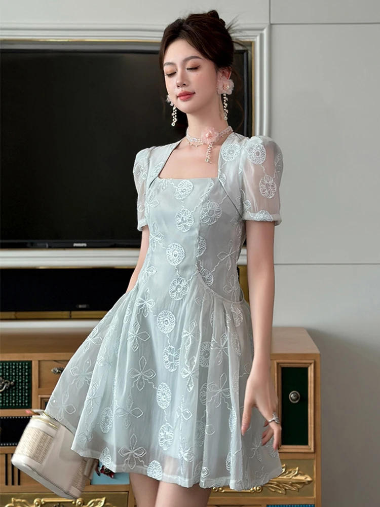 French Style Date Mini Dress for Women Kawaii Cute Banquet Short Sleeve Folds Pockets Swing Ball Gown Lady Party Female Vestidos