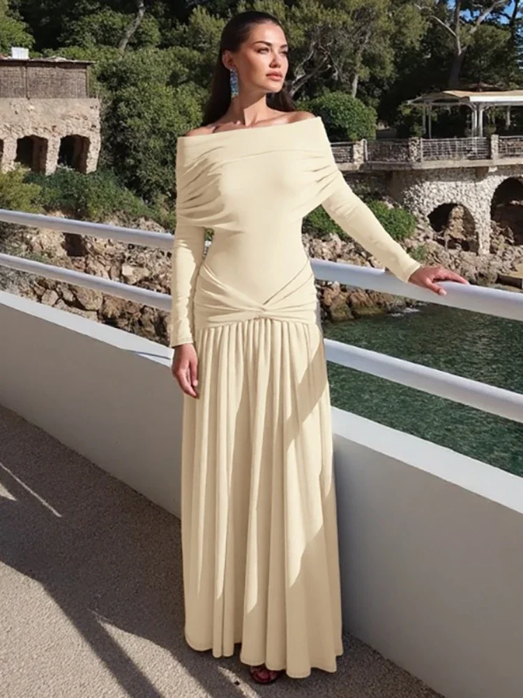 Odzież damska 2025 Jesień Sukienka maxi z dekoltem typu slash, marszczeniami, długa, w stylu high street, eleganckie tuniki damskie, plisowane, jednolite sukienki wieczorowe na przyjęcie