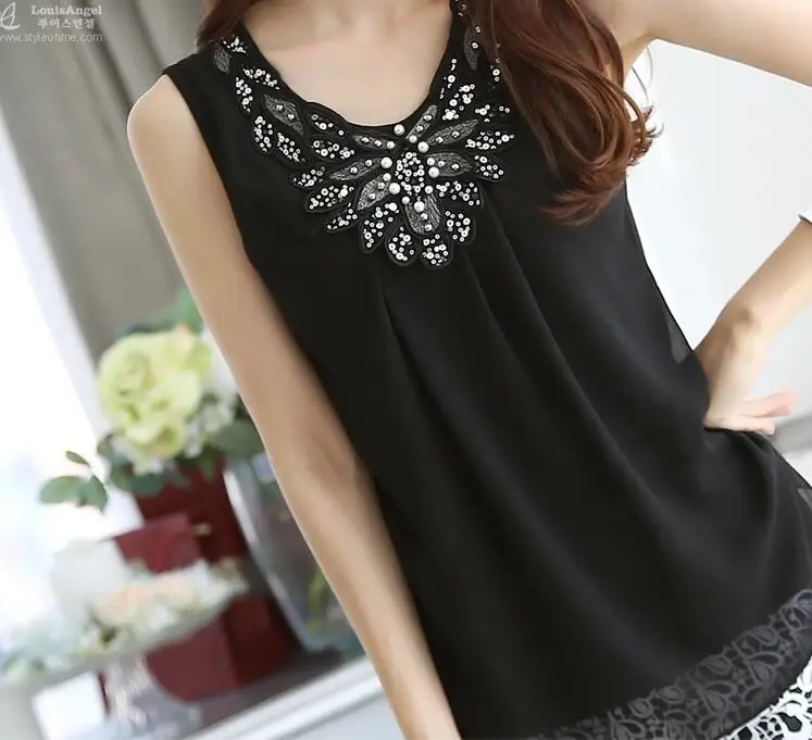 New Women Sleeveless Chiffon Blouse Casual Lace Crochet Stitching White Shirt Office Plus size S-6XL