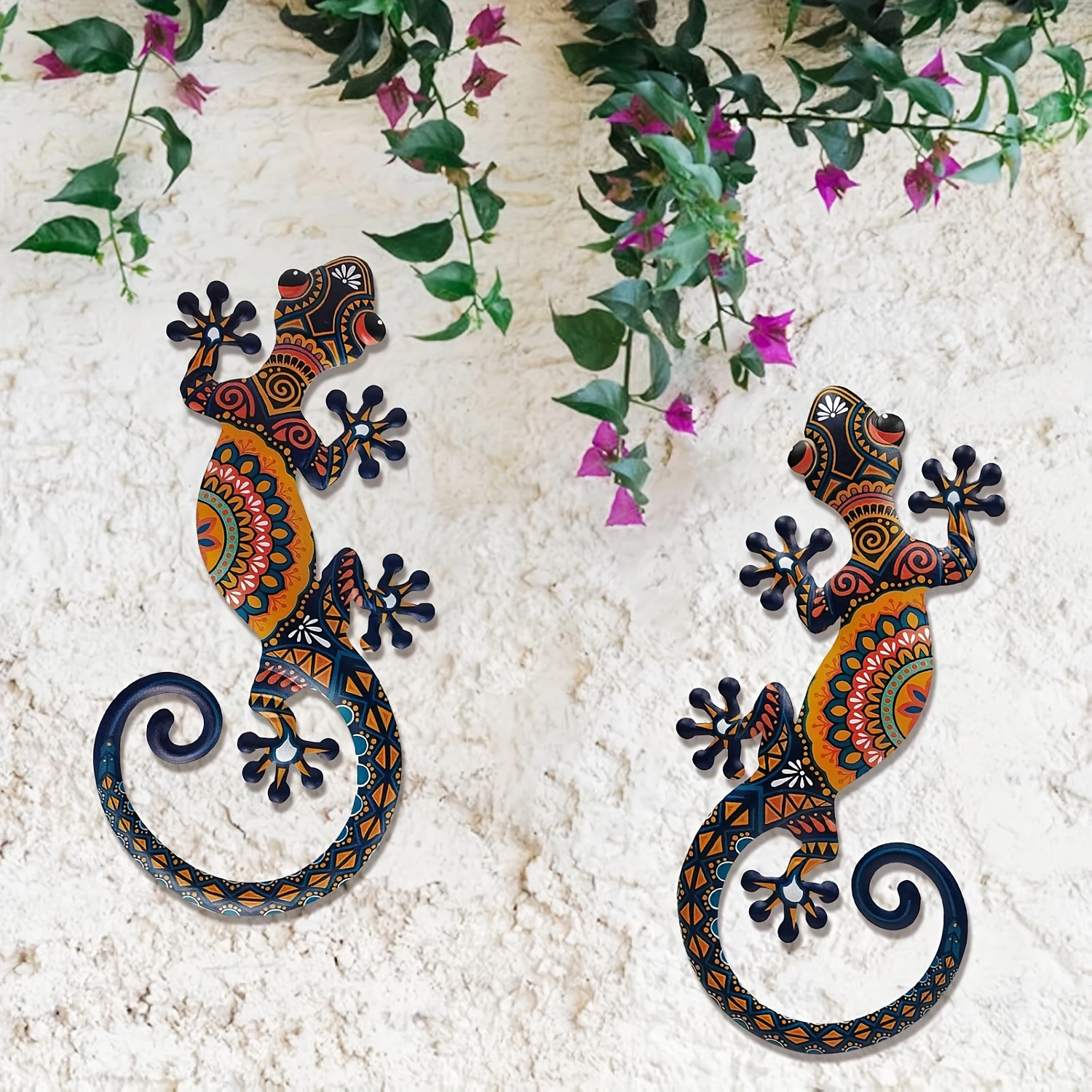 2-teiliges Metall-Wandkunst-Set mit Eidechsen- und Gecko-Motiven – hängende Dekoration für den Innen- und Außenbereich mit lebendigen Stammesmustern, für Zaun oder als Heimdekoration
