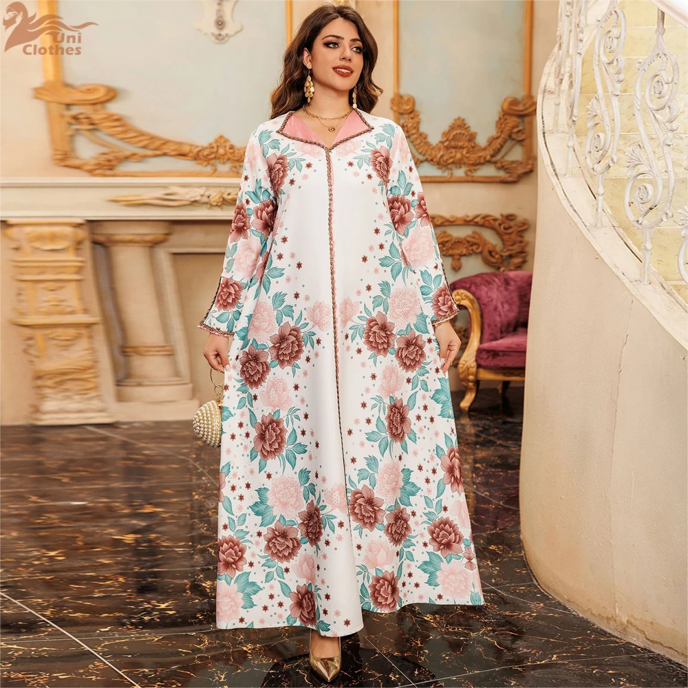 Uni Fashion Printing Dubai Saudi Eid Al-Adha Clothing For Woman Lapel Collar Abayas Muslim Moroccan Islamic Loose Kebaya