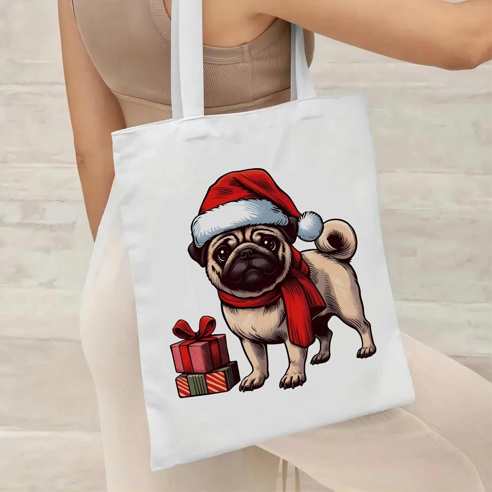 Pug Animal Print Casual Canvas Tote Shoulder Bags Funny Christmas Bag Foldable Shopping Bag Reusable Large Capacity