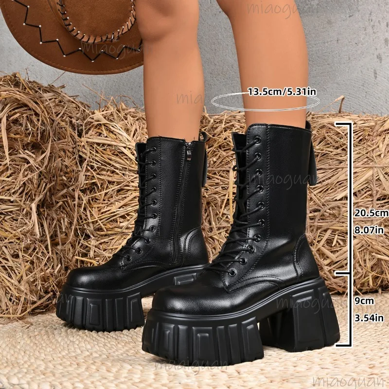 9cm Platform Boots for Women Black Thick-Soled Heigh Increasing Ladies Shoes Autumn Streetwear Motorcycle Shoes Botas Feminina