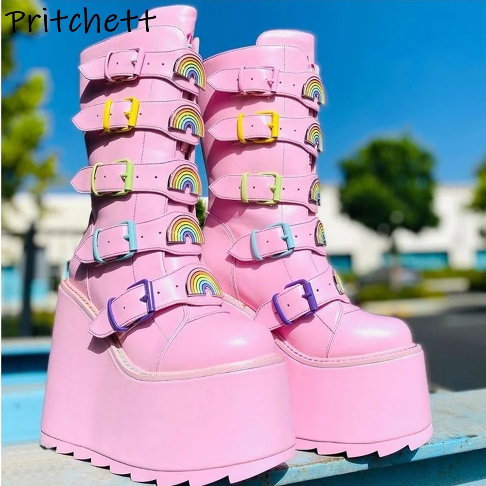 Wedges Platform Mid Calf Boots Multi Buckle Strawberry Rainbow Round Toe Lovely Shoes Women's Winter Fashion Leather Boots