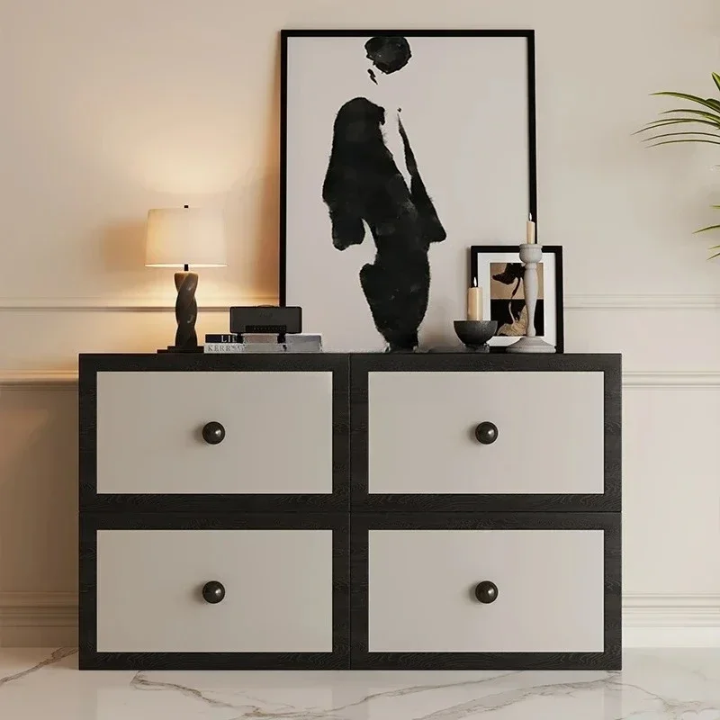 A  black and white begonia medieval French retro solid wood leather wabi  back hollowed out under the door side cabinet