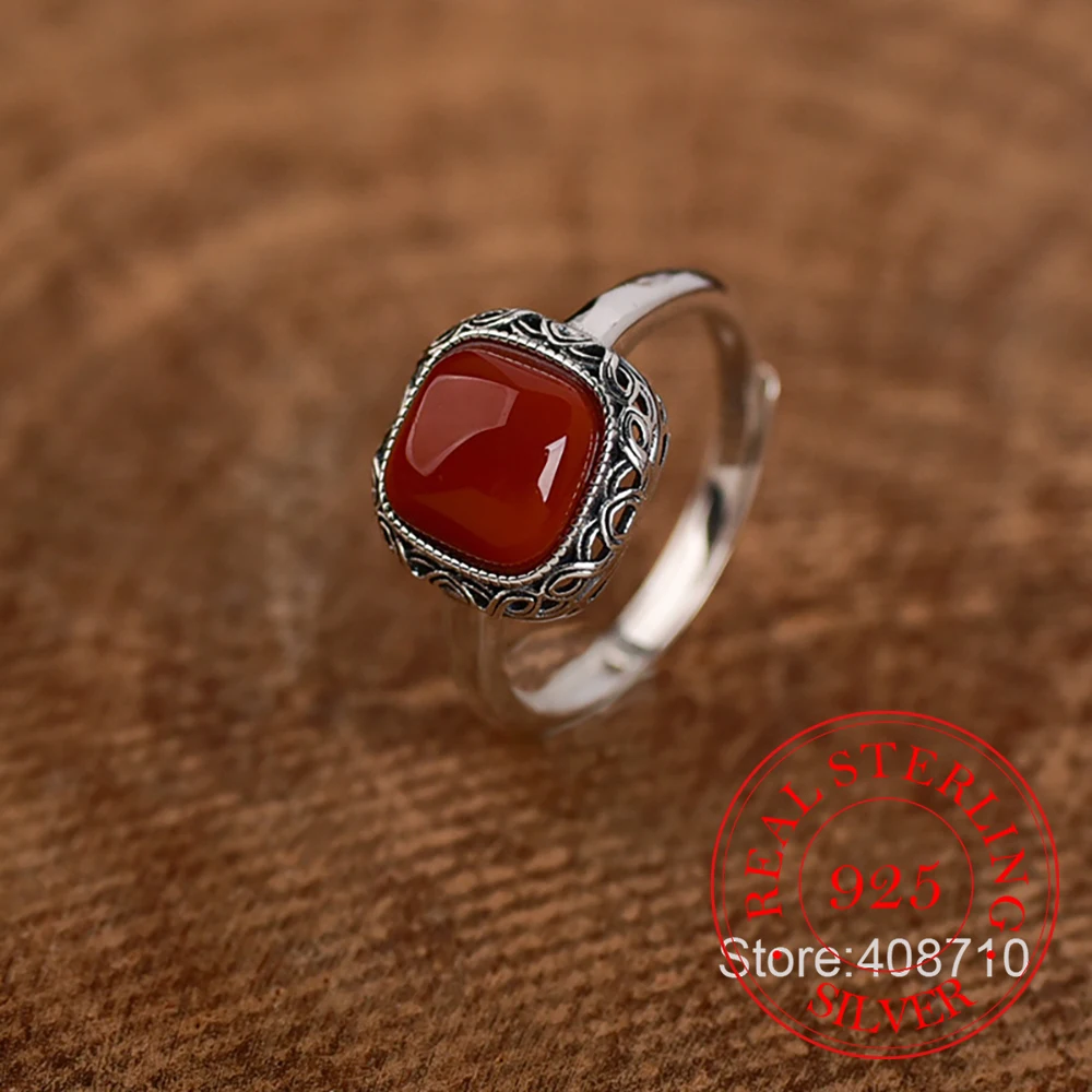 

925 Sterling Silver Jewelry Vintage Natural Red Agate Pattern Finger Rings for Women Wedding Party Jewelry For Girls Friend Gift