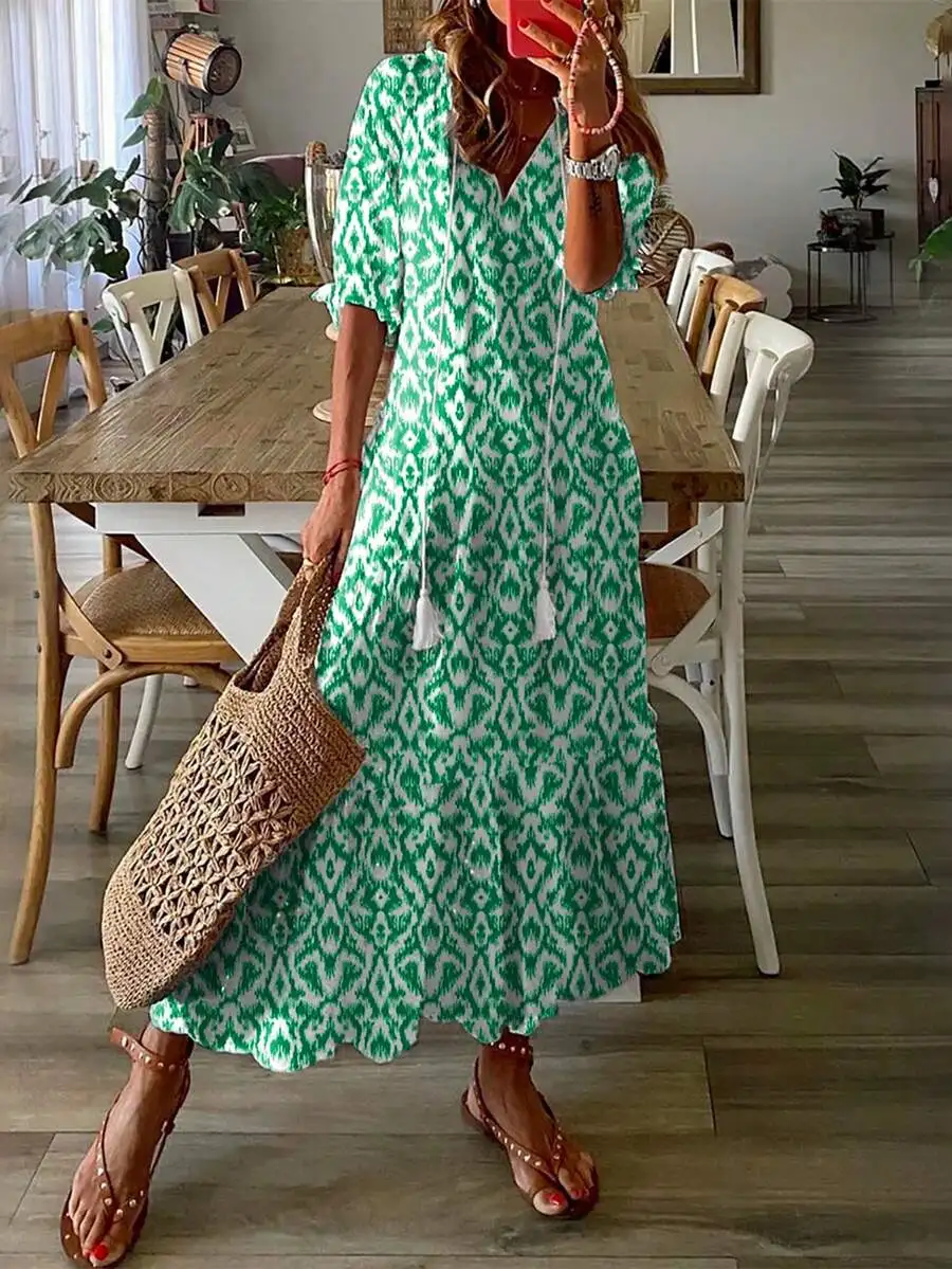 

Bohemian Green Print Woven Maxi Dress Casual Summer Vacation Dress