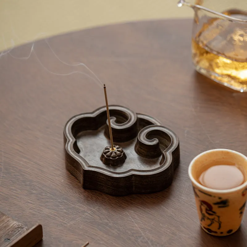 Chinese Style Sandalwood Ebony Ruyi Incense Burner Plate Creative Home Living Room Supplies, Zen Small Aromatherapy Furnace, 1Pc