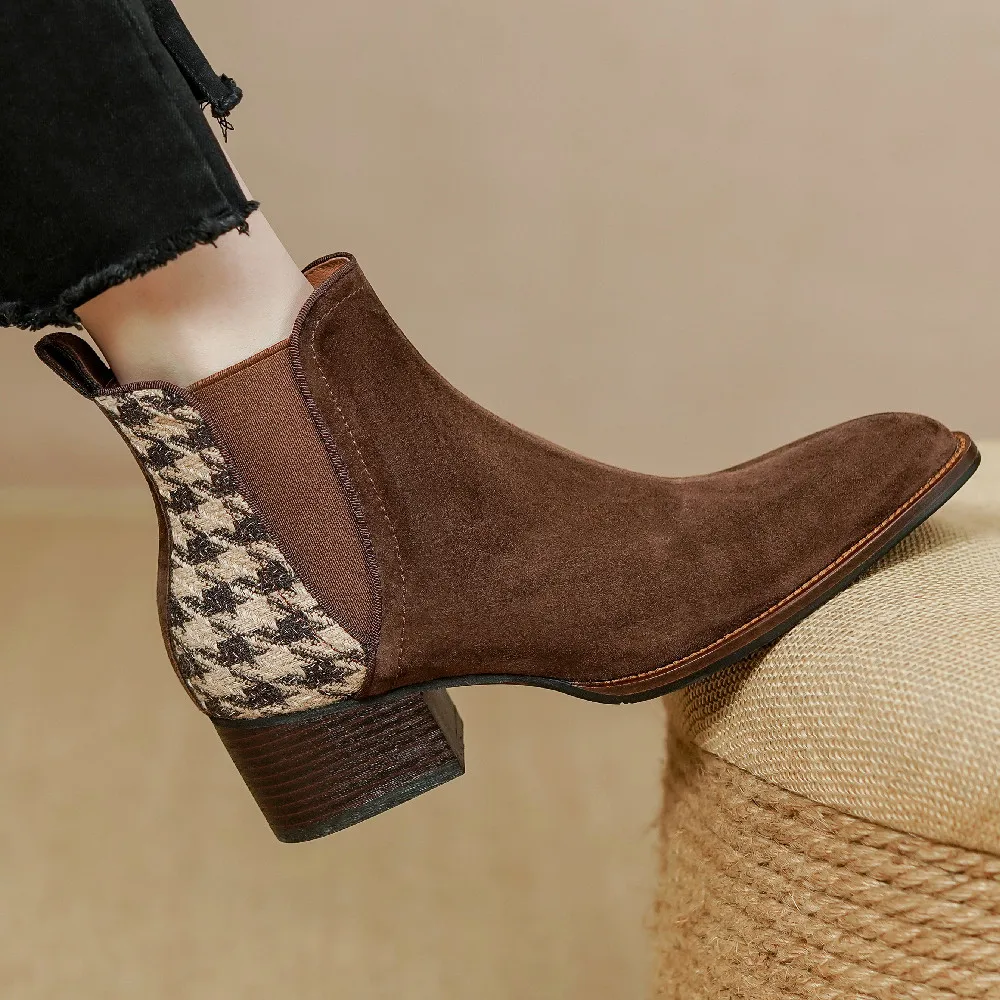 Damskie naturalny zamsz skórzane 4.5cm grube med heel okrągłe toe elastyczny pokrowiec na jesień chelsea boots casual kobieta krótkie botki