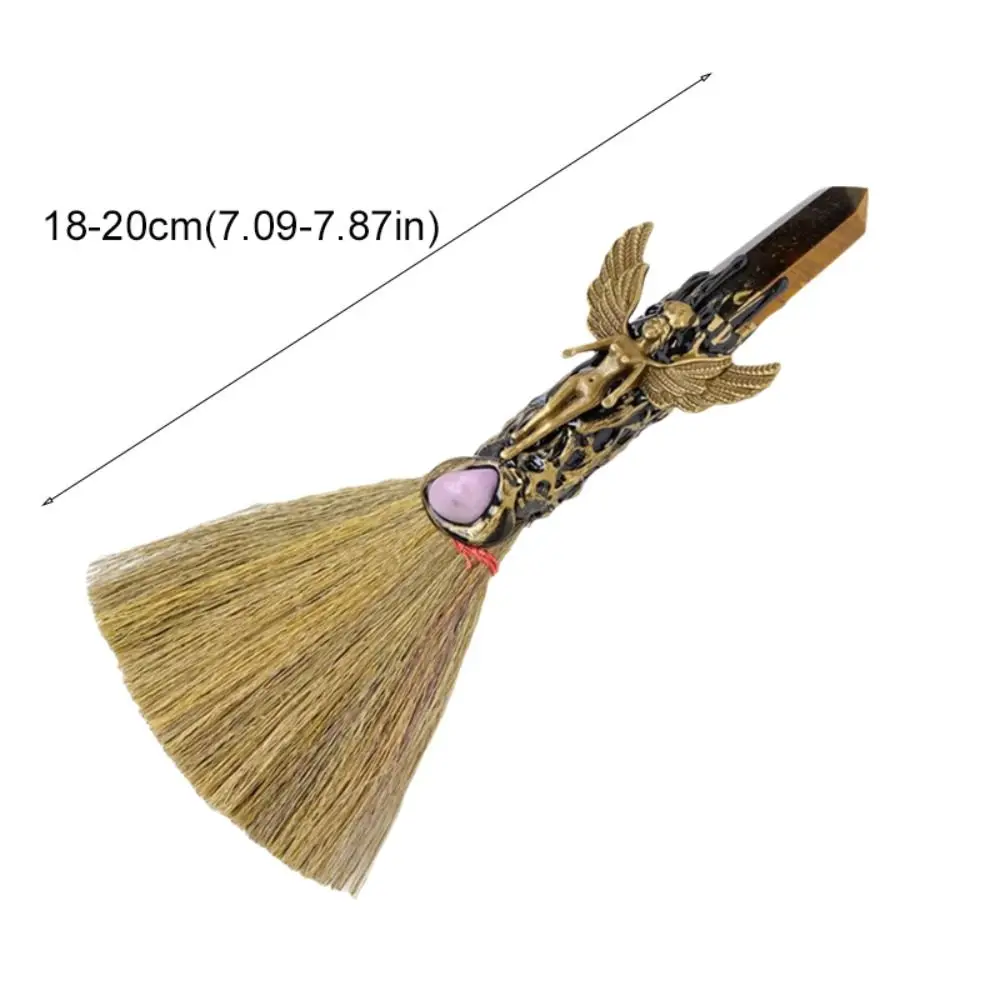 Exquisite Natural Crystal Column Point Stone Broom Handmade Mini Witch Broom Ornaments Rough Stone Broom Craft Psychic