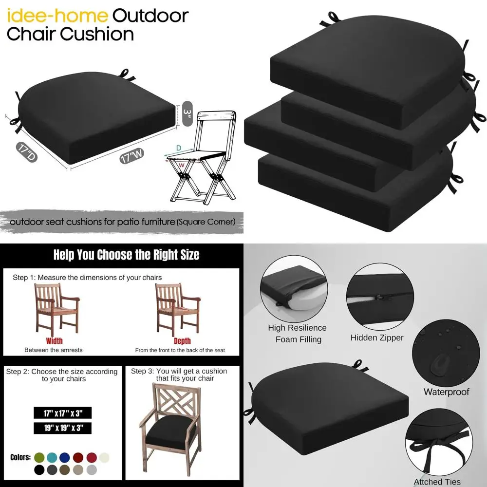 

Набор из 4 подушек для уличных стульев для патио, водонепроницаемые подушки для сидений толщиной 17 x 17 x 3, черные подушки для обеденных стульев