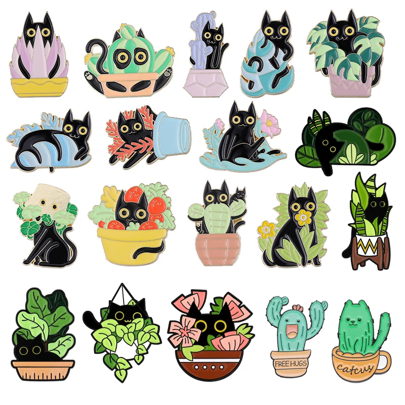 Creative Cartoon Black Cat Potted Enamel Brooch Cute Cactus Monstera Deliciosa Kitten Badge Pins Trendy Fun Lapel Jewelry Gifts