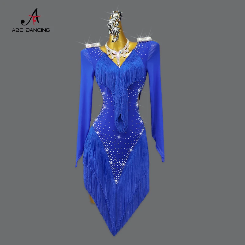 2023 Blue Latin Dance Competition Costume Ball Practice Wear Line Suit gonna corta Cabaret Plus Size abbigliamento donna Dress nappa Nuovi prodotti e serie Personalizzazione Avanzata Abbigliamento da Ballo FashionDance