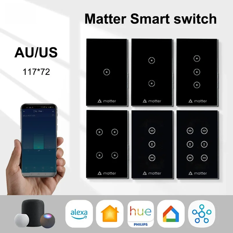 Matter Intelligent Touch Switch 118 Type Voice Control App Remote Control Switch Tempered Glass Touch Panel Night Indicator Lamp