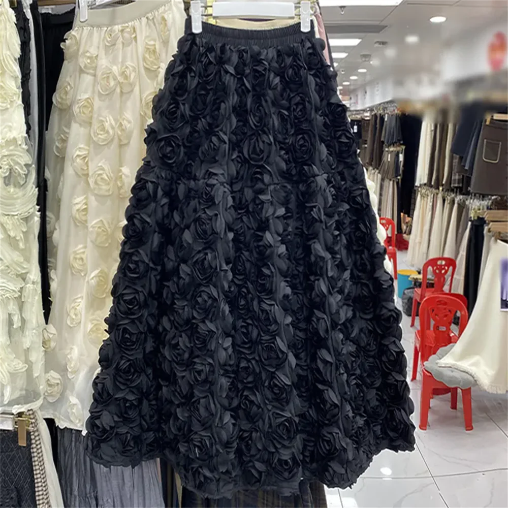 French Chic Elegant Fashion Long Skirts Dropshipping 3D Floral White Skirt Women A-line Elastic High Waist Female Skirt