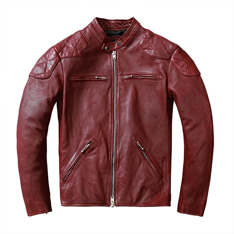 2025 Fashion Genuine Sheepskin Tanned Leather Jacket Men Vintage Motorcycle Wine Red Zipper Moto Biker Clothing Slimfit Coats