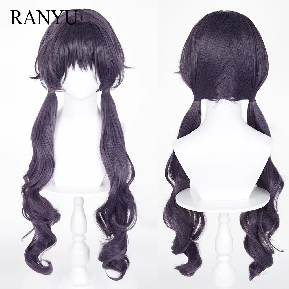 Long Wavy Synthetic Wigs with Bangs Purple Grey Anime Game Cosplay Double Ponytail Wig for Daily Party