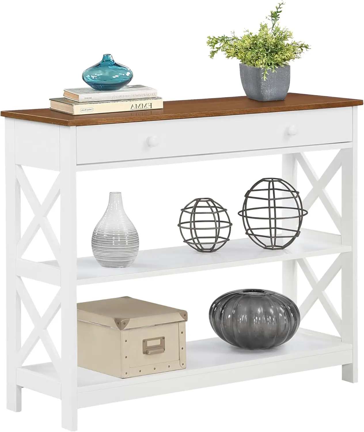 Meja Konsol Laci Oxford 1 dengan Rak, Kayu Apung/Putih